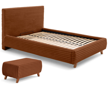Lit coffre avec bout de lit 140x200 sommier inclus fausse fourrure côtelé Cristal
