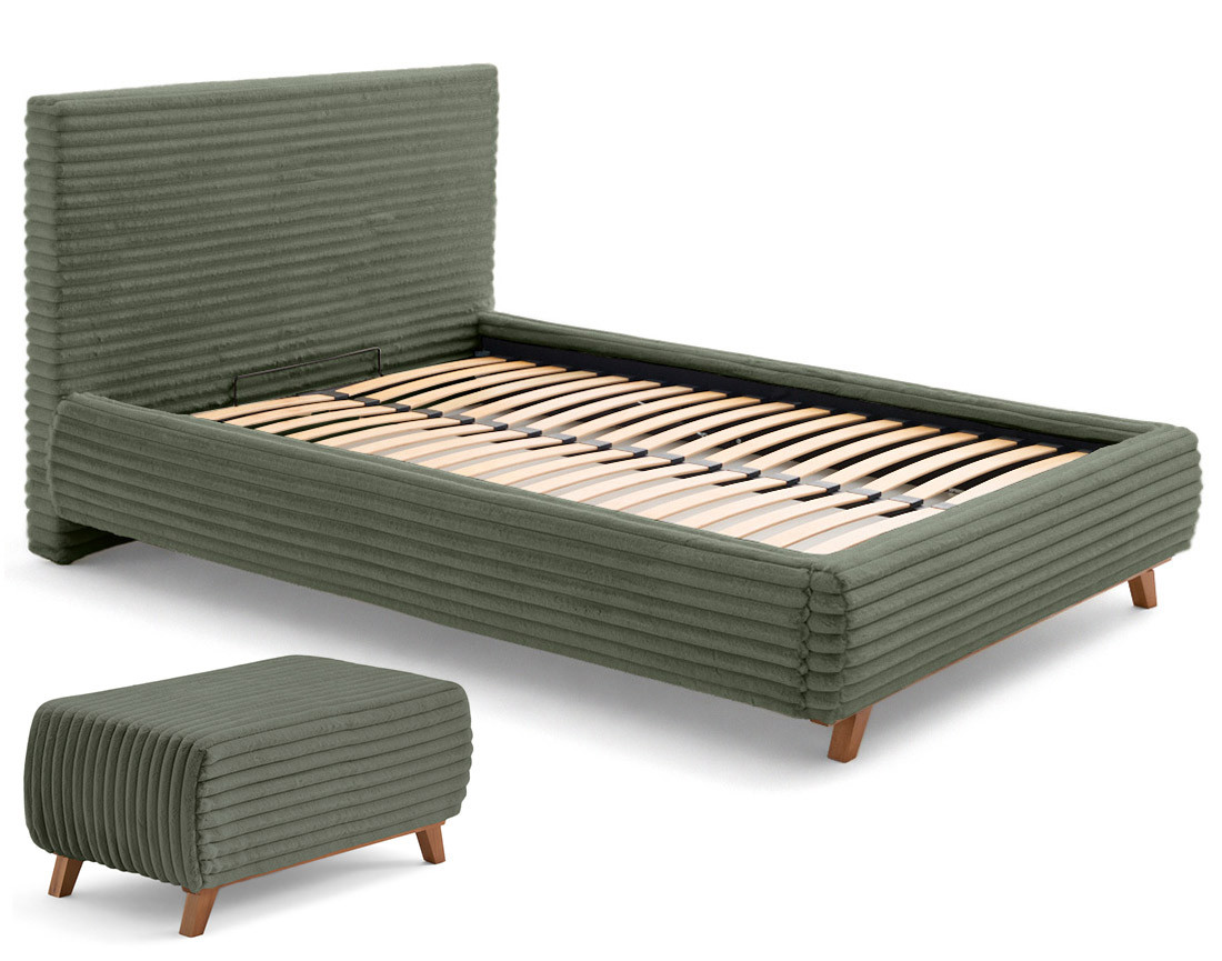 Lit coffre avec bout de lit 160x200 cm sommier inclus fausse fourrure côtelé Cristal