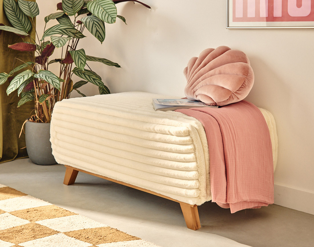 Lit coffre avec bout de lit 160x200 cm sommier inclus fausse fourrure côtelé Cristal