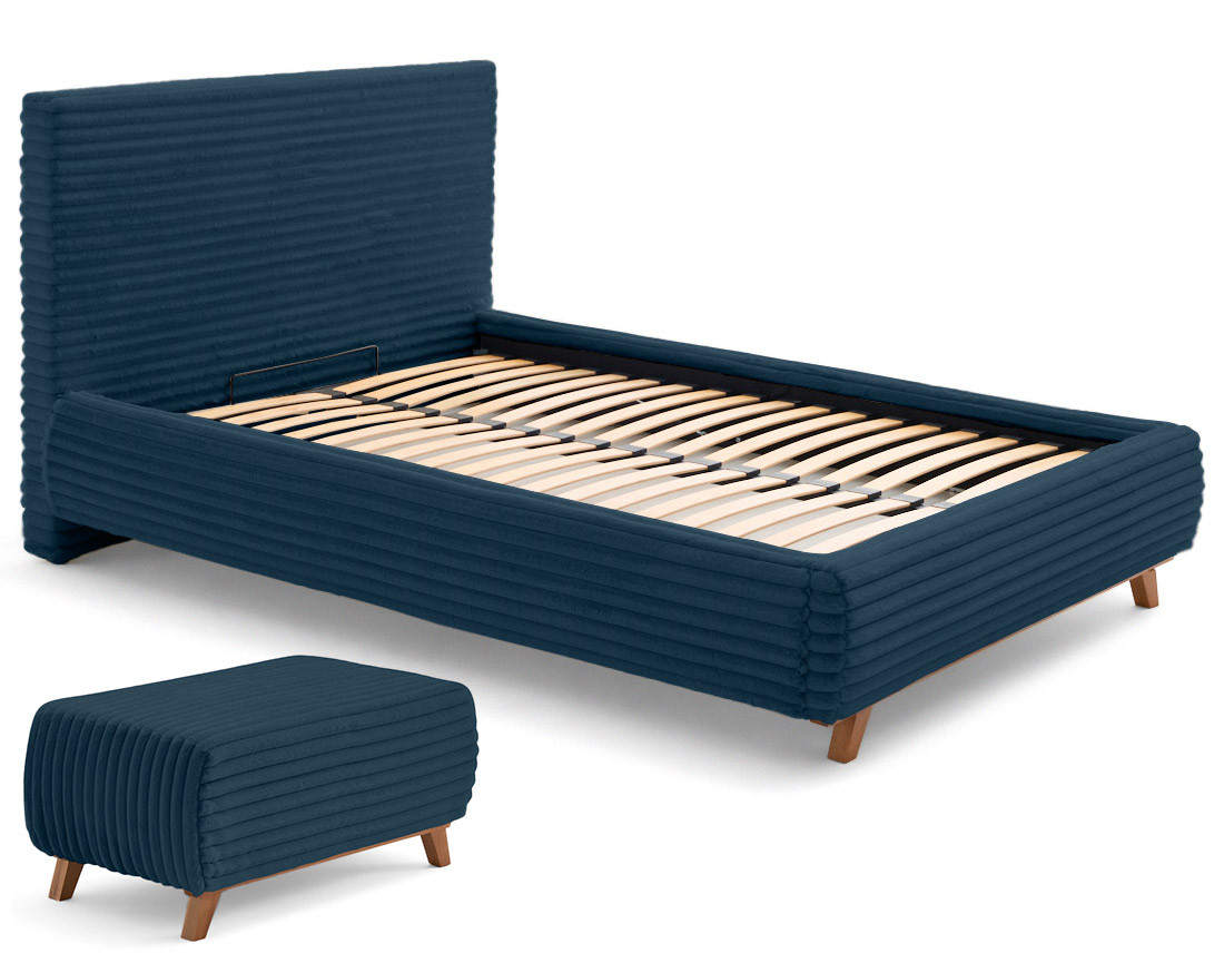 Lit coffre avec bout de lit 180x200 cm sommier inclus fausse fourrure côtelé Cristal