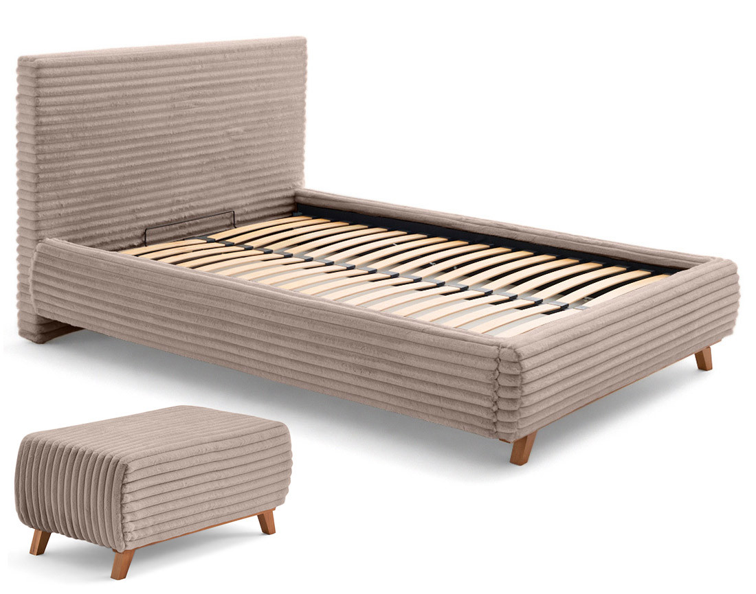 Lit coffre avec bout de lit 180x200 cm sommier inclus fausse fourrure côtelé Cristal