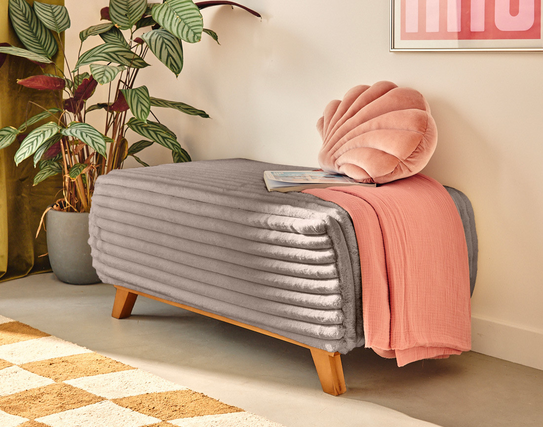 Lit coffre avec bout de lit 180x200 cm sommier inclus fausse fourrure côtelé Cristal