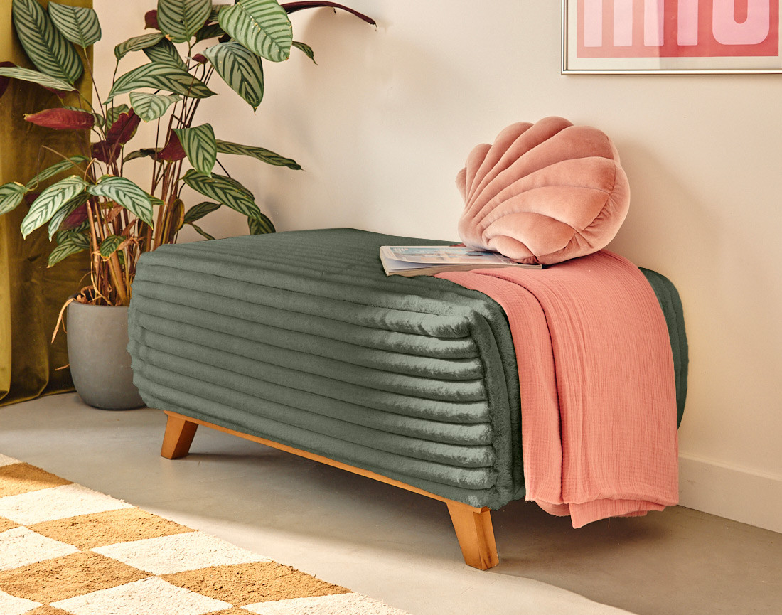 Lit coffre avec bout de lit 180x200 cm sommier inclus fausse fourrure côtelé Cristal