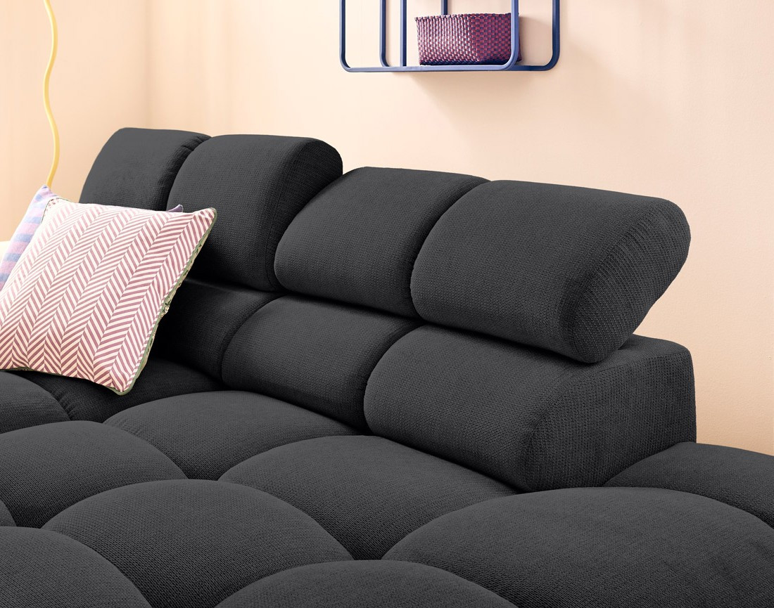 Canapé d'angle droit 3 places avec têtières réglables en tissu texturé Matera