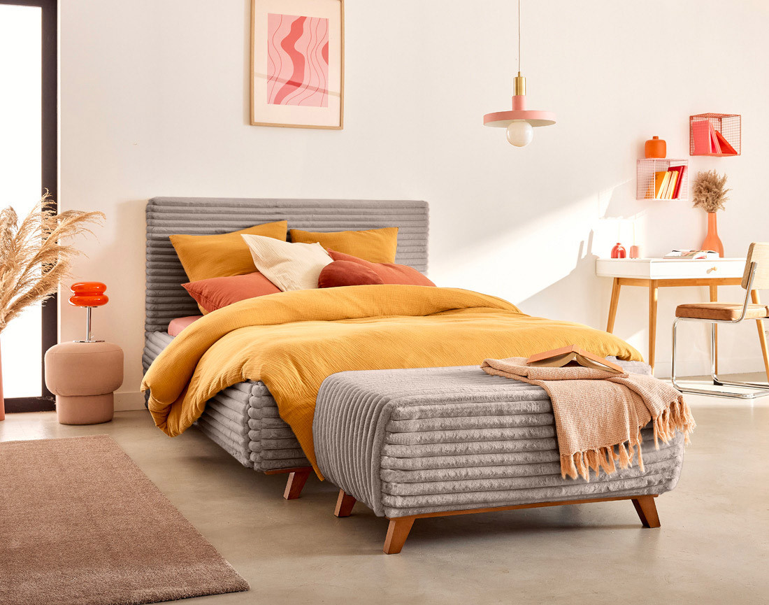 Lit coffre 180x200 sommier inclus fausse fourrure côtelé Cristal