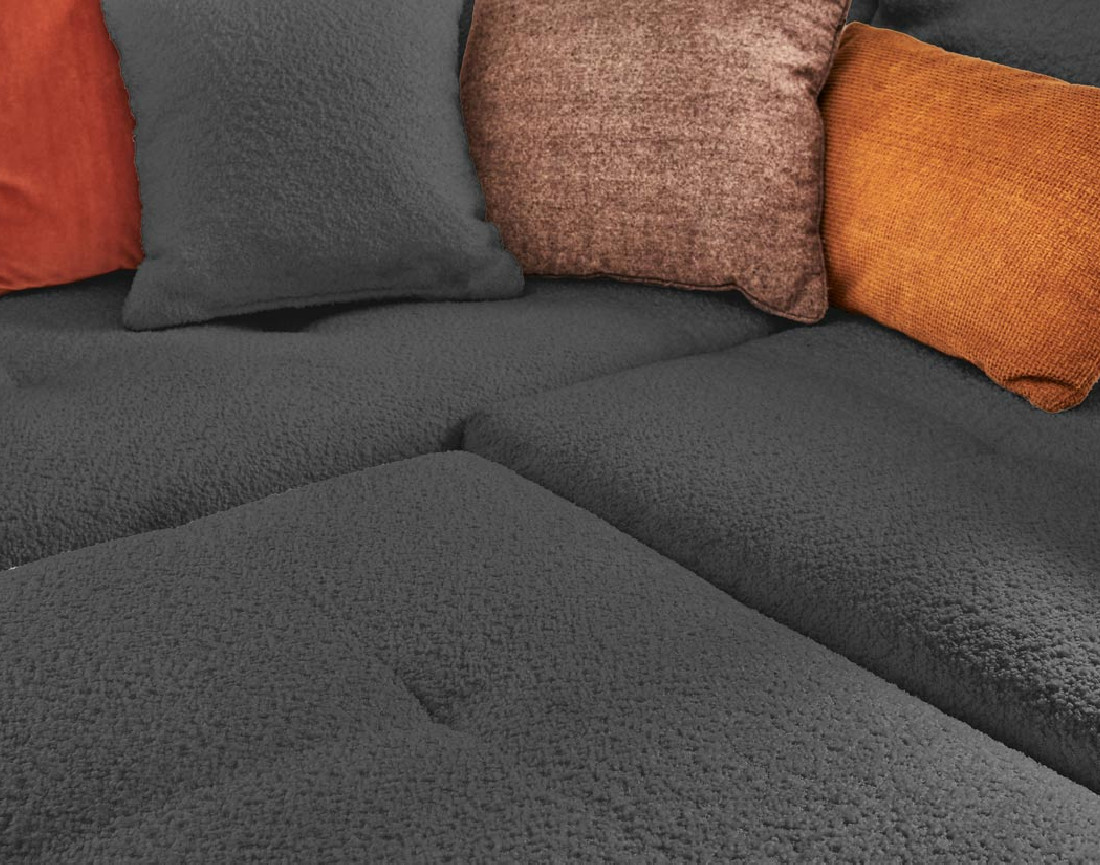Canapé panoramique d'angle droit 7 places avec pouf d'appoint en tissu bouclette Rune