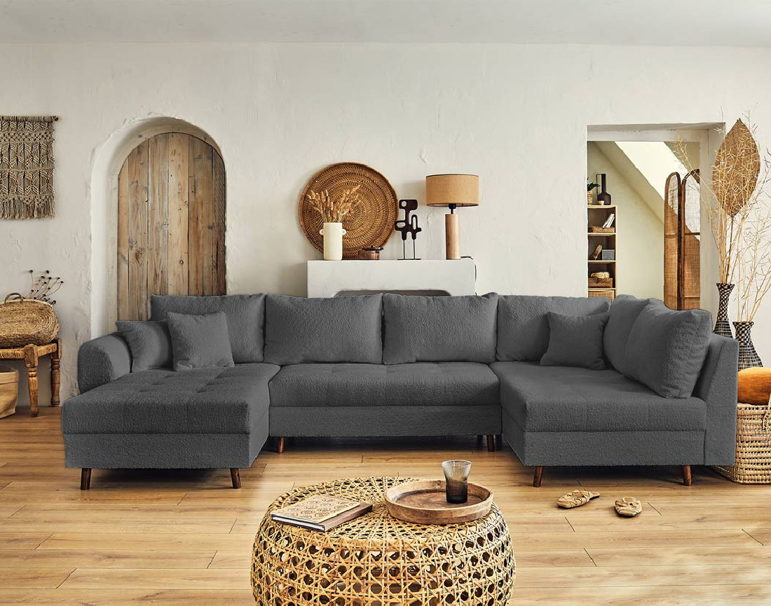 Canapé panoramique d'angle droit 7 places avec pouf d'appoint en tissu bouclette Rune