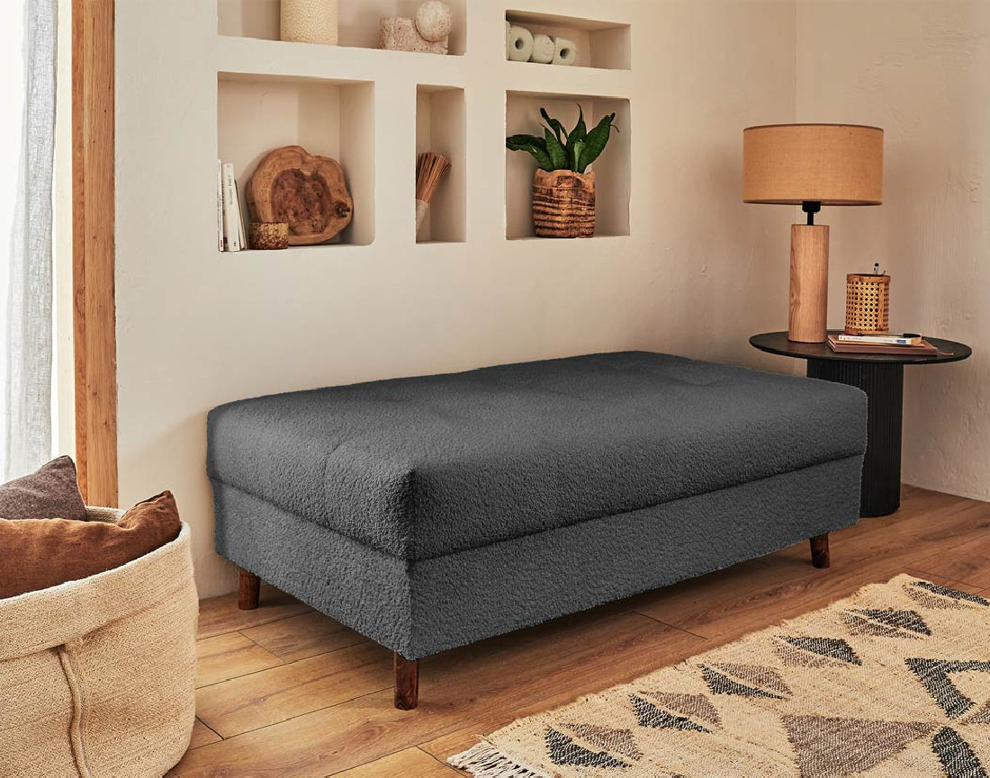 Canapé panoramique d'angle droit 7 places avec pouf d'appoint en tissu bouclette Rune