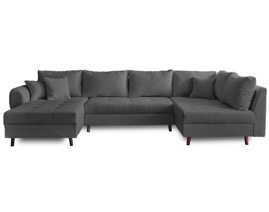 Canapé panoramique d'angle droit 7 places avec pouf d'appoint en tissu bouclette Rune