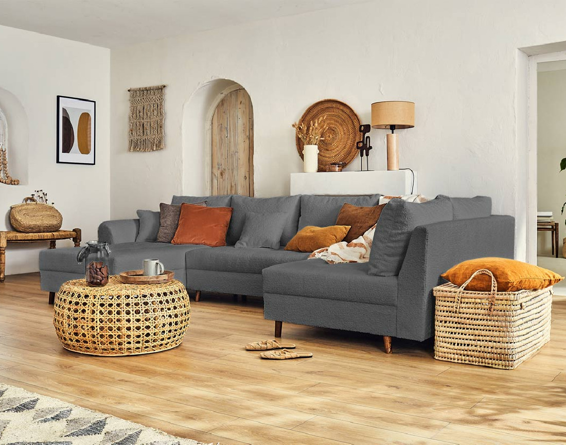 Canapé panoramique d'angle droit 7 places avec pouf d'appoint en tissu bouclette Rune