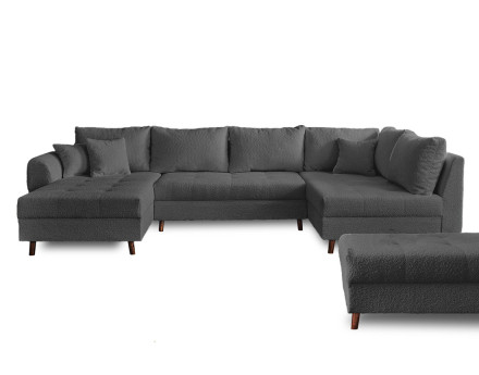 Canapé panoramique d'angle droit 7 places avec pouf d'appoint en tissu bouclette Rune