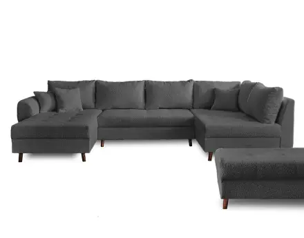 Canapé panoramique d'angle droit 7 places avec pouf d'appoint en tissu bouclette Rune