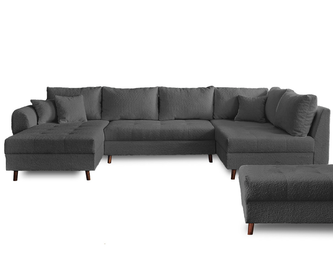 Canapé panoramique d'angle droit 7 places avec pouf d'appoint en tissu bouclette Rune