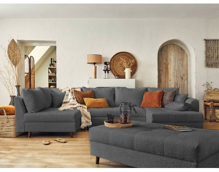 Canapé panoramique d'angle gauche 7 places avec pouf d'appoint en tissu bouclette Rune