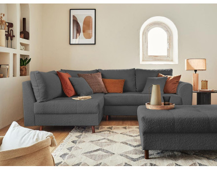 Canapé d'angle gauche 4 places avec pouf d'appoint en tissu bouclette Rune