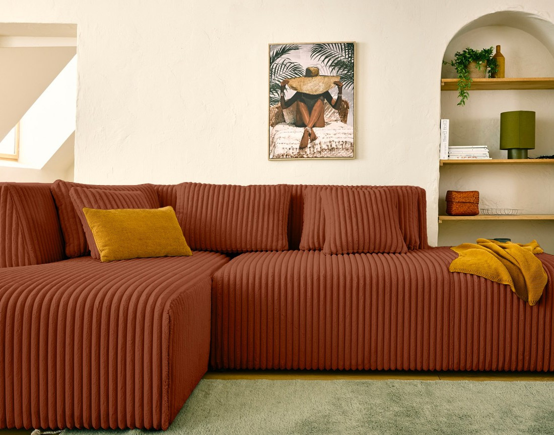 Canapé modulable d'angle gauche 4 places en velours côtelé grosses côtes Victoire