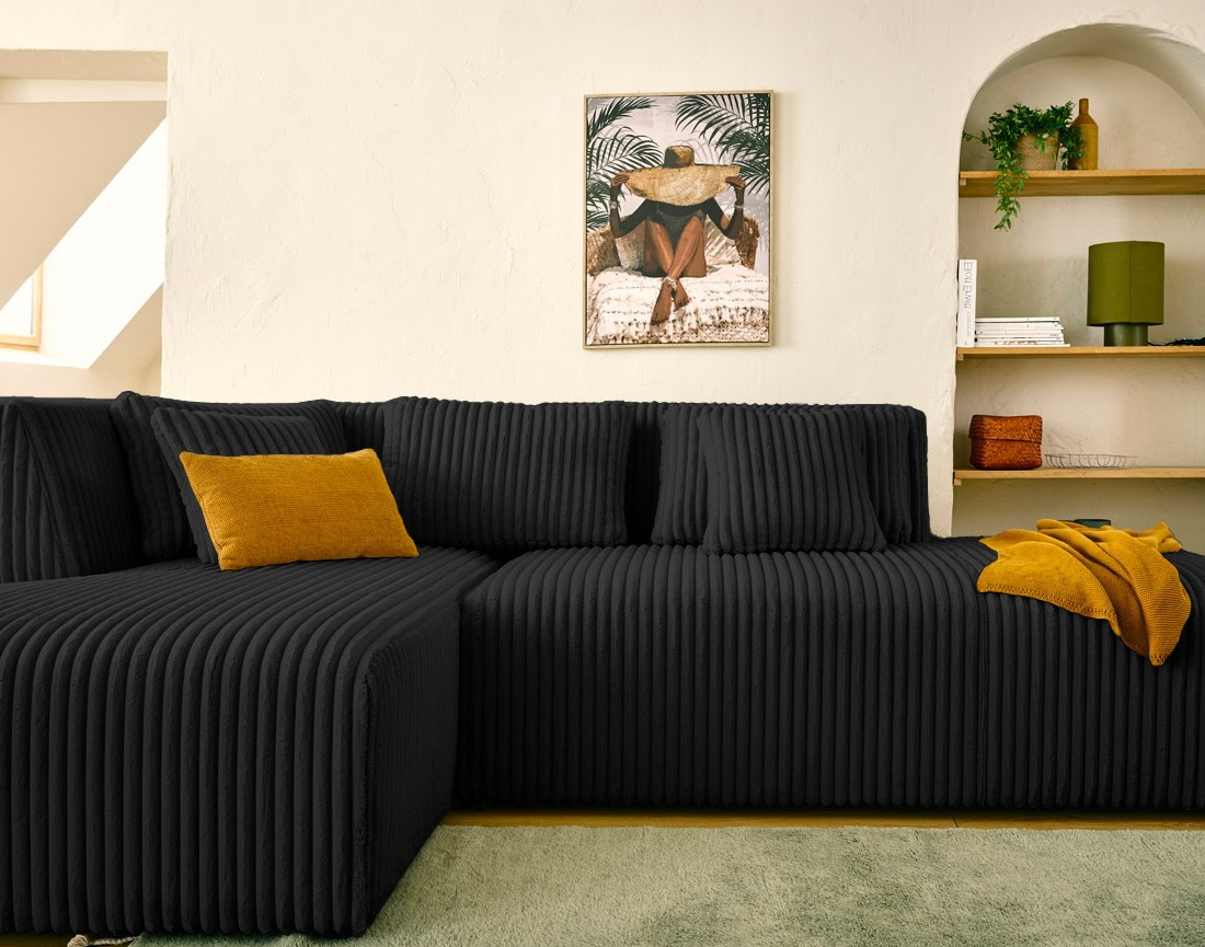 Canapé modulable d'angle gauche 4 places en velours côtelé grosses côtes Victoire