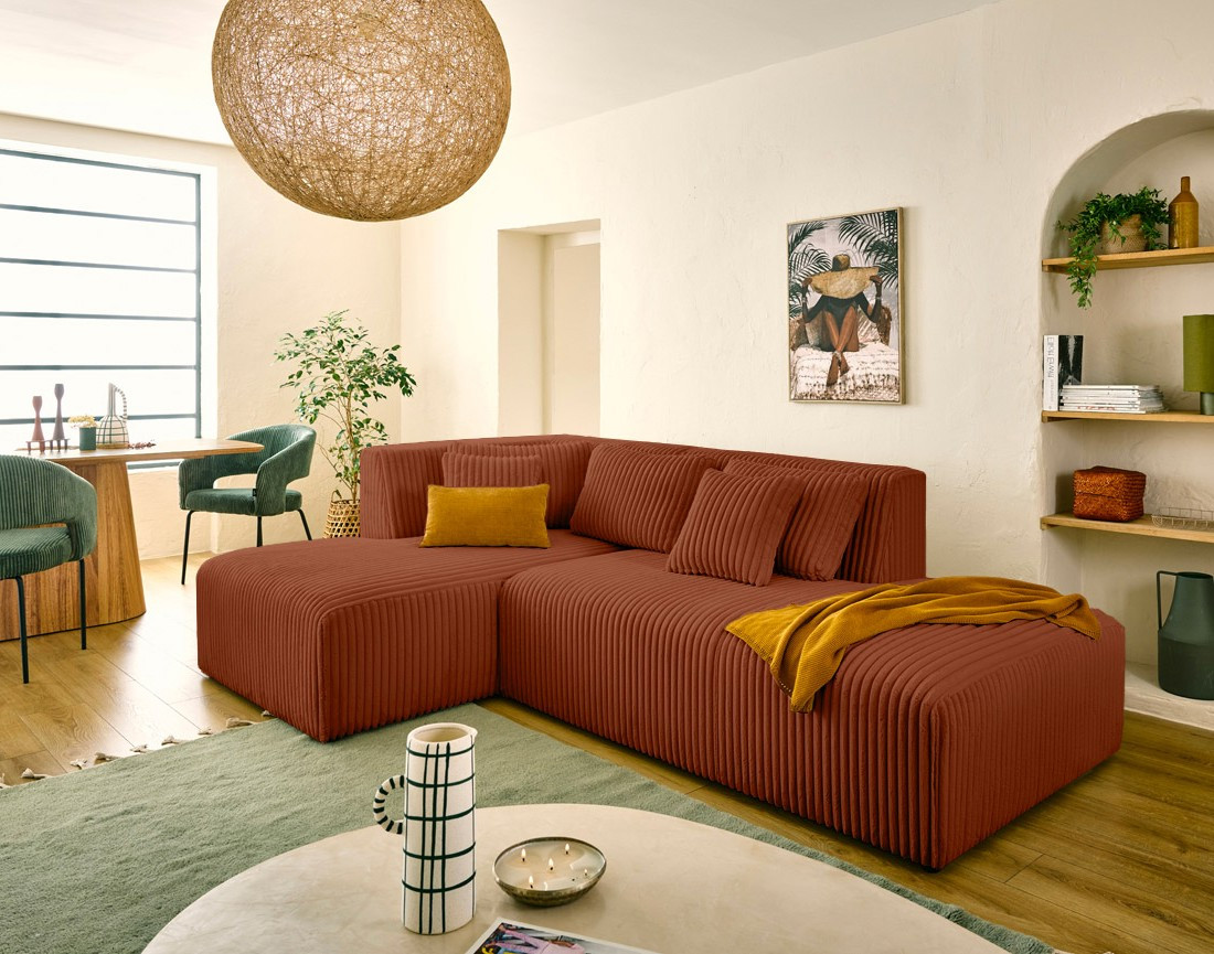 Canapé modulable d'angle gauche 4 places en velours côtelé grosses côtes Victoire