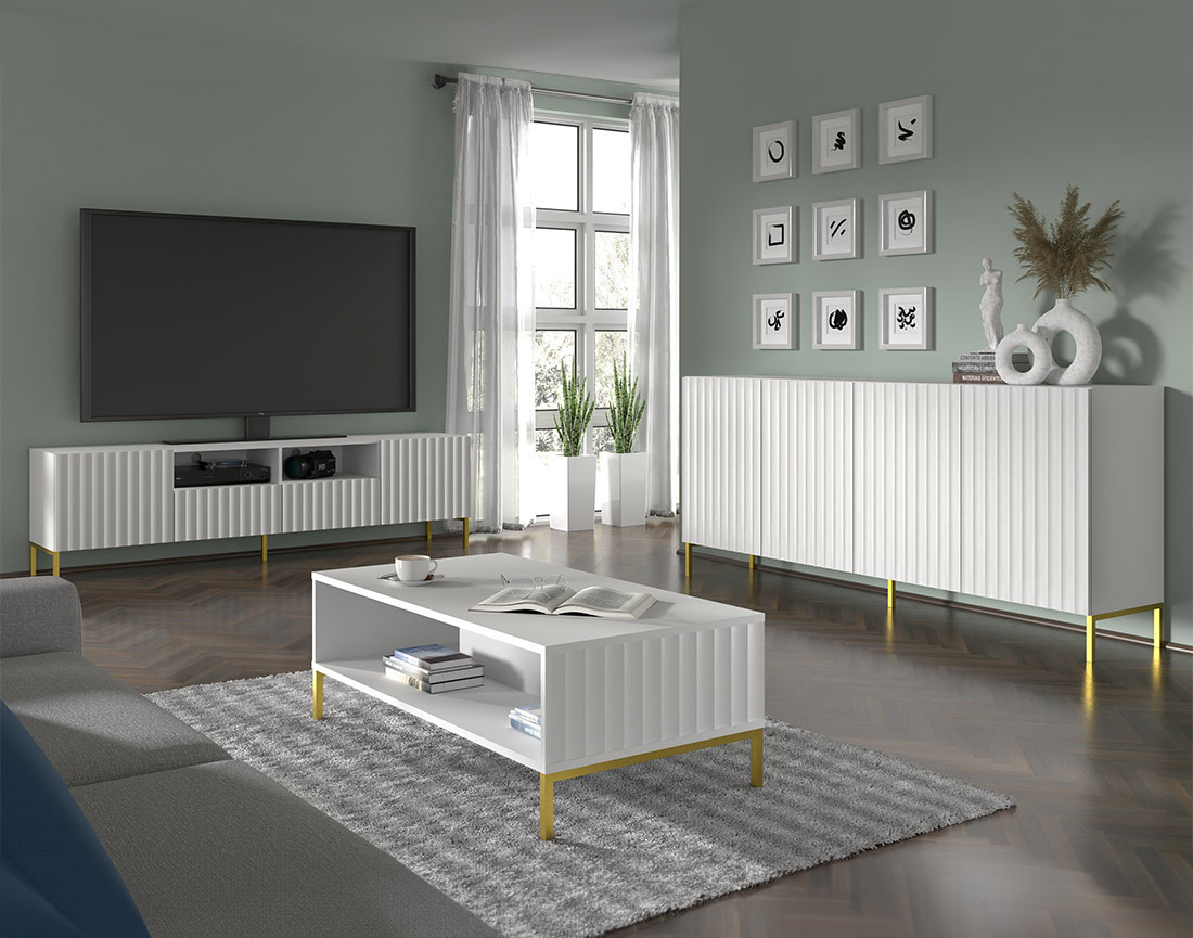 Meuble TV pieds dorés 2 tiroirs 200 cm Lara