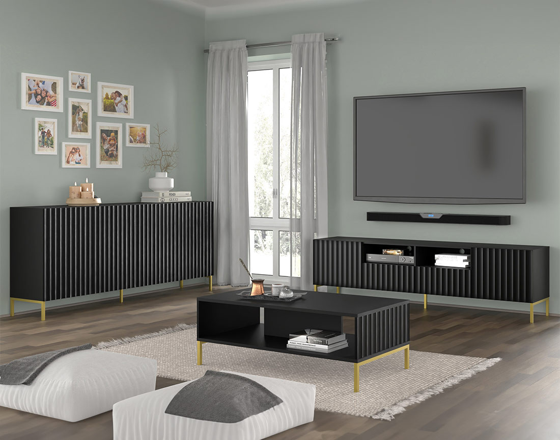 Meuble TV pieds dorés 2 tiroirs 200 cm Lara