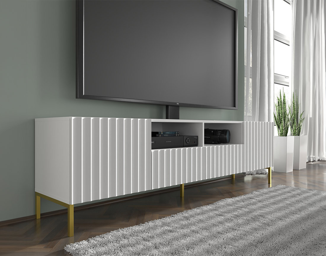 Meuble TV pieds dorés 2 tiroirs 200 cm Lara