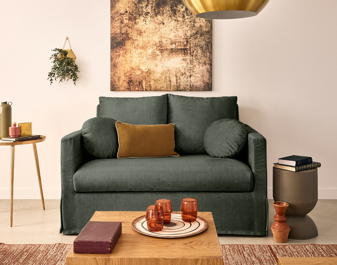 Canapé droit déhoussable 2 places en velours Serena