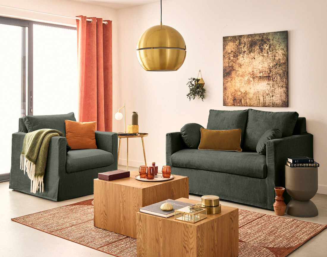 Canapé droit déhoussable 2 places en velours Serena