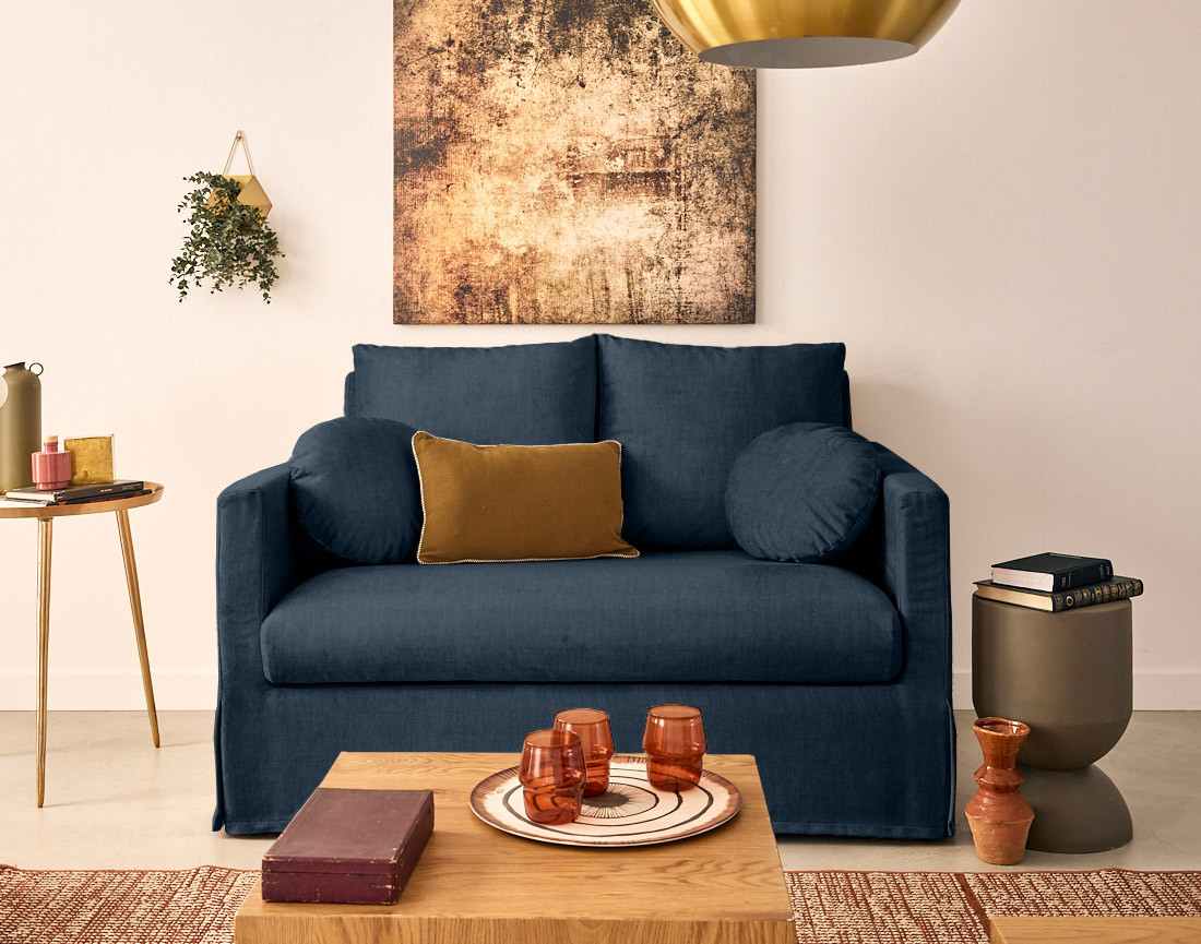 Canapé droit déhoussable 2 places en velours Serena