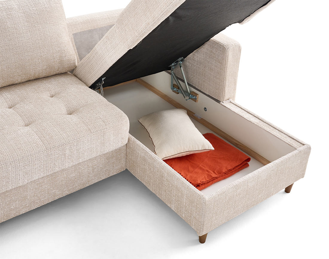 Canapé d'angle droit 4 places convertible avec coffre en velours texturé Anna
