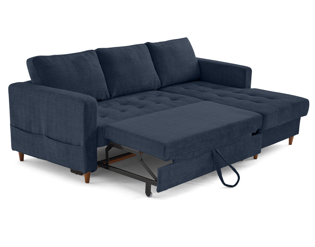 Canapé d'angle droit 4 places convertible avec coffre en velours texturé Anna