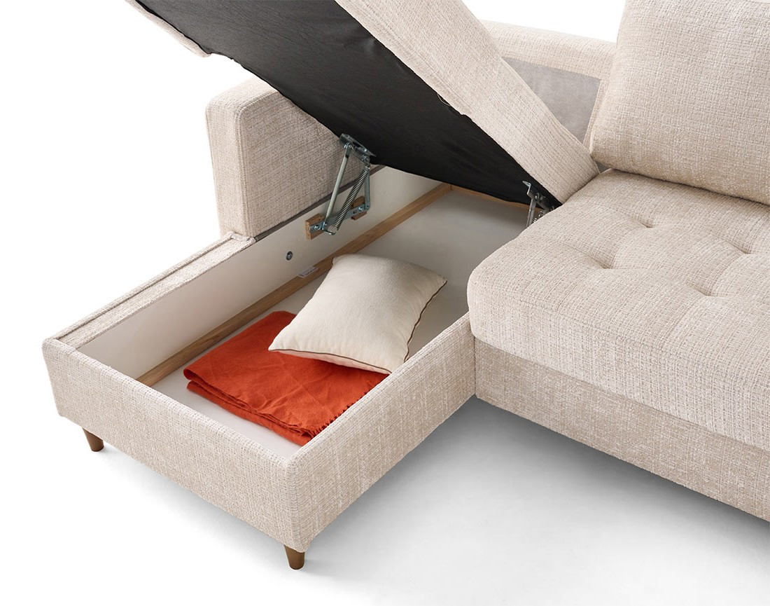 Canapé d'angle gauche 4 places convertible avec coffre en velours texturé Anna