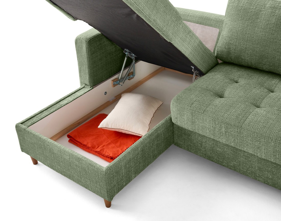 Canapé d'angle gauche 4 places convertible avec coffre en velours texturé Anna