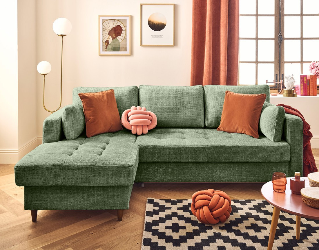 Canapé d'angle gauche 4 places convertible avec coffre en velours texturé Anna