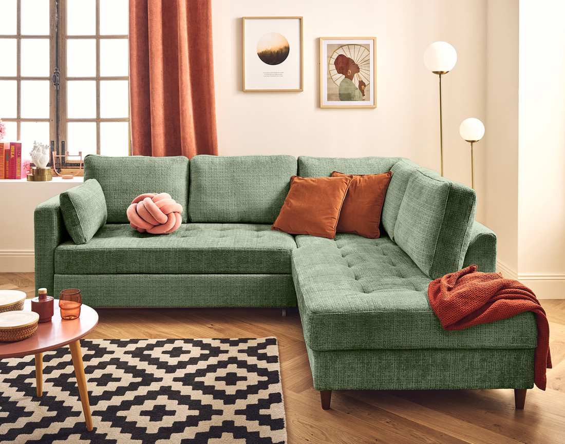 Canapé d'angle droit 5 places convertible en velours texturé Anna