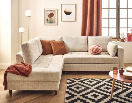 Canapé d'angle gauche 5 places convertible en velours texturé Anna