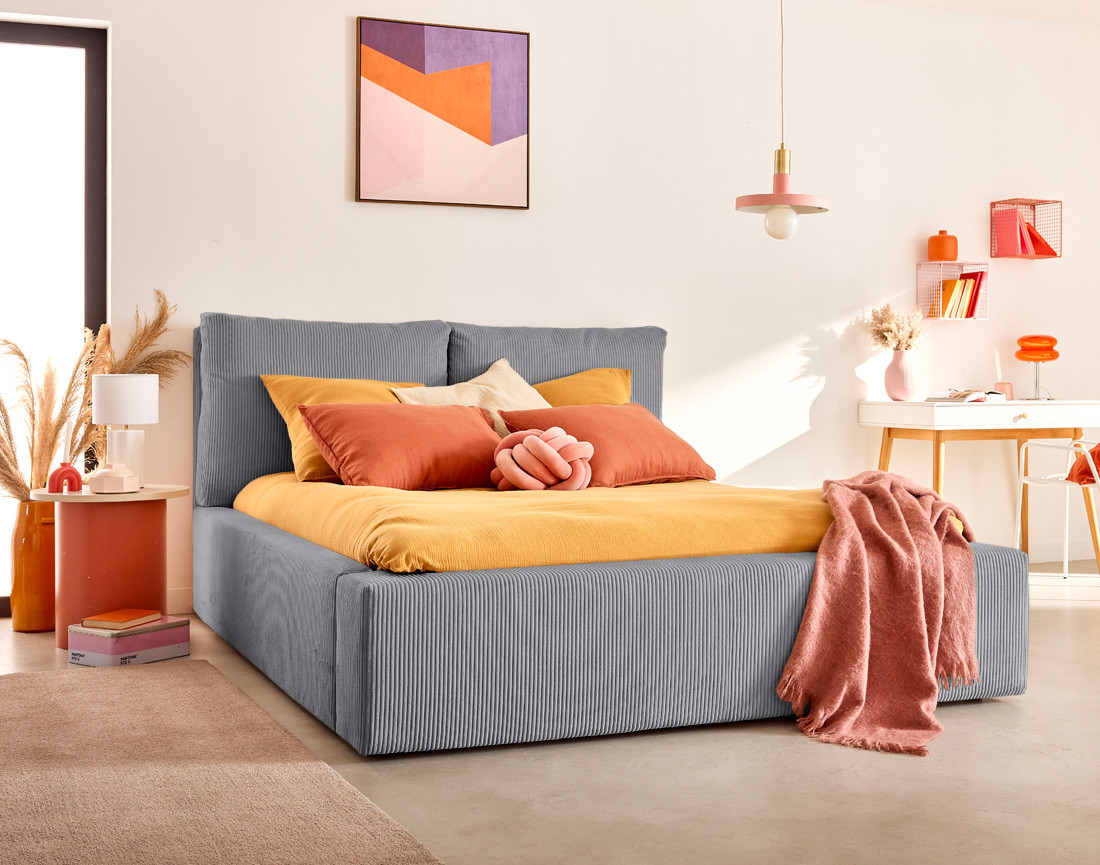 Lit coffre 140x190 en velours côtelé sommier inclus Pivoine