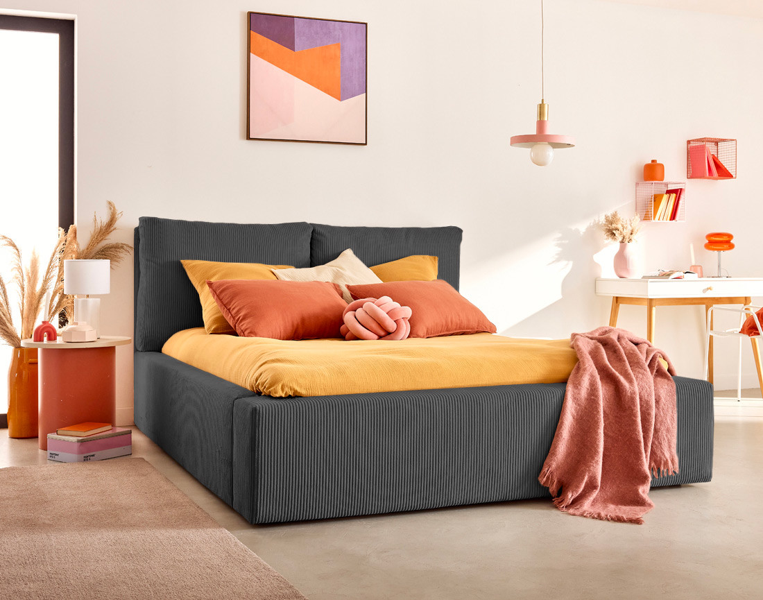 Lit coffre 140x190 en velours côtelé sommier inclus Pivoine