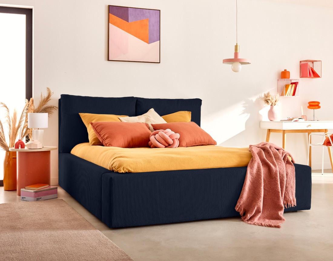 Lit coffre 160x200 en velours côtelé sommier inclus Pivoine