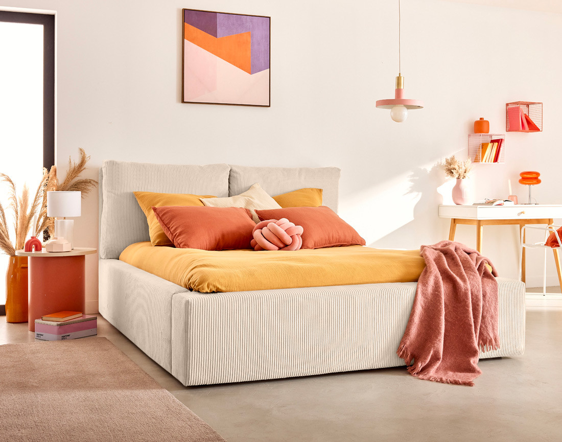 Lit coffre 180x200 en velours côtelé sommier inclus Pivoine