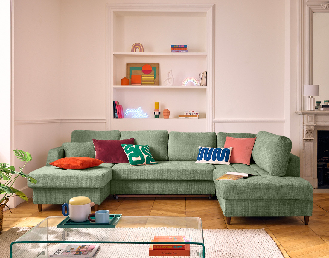 Canapé panoramique d'angle droit 7 places convertible avec coffre en velours texturé Anna