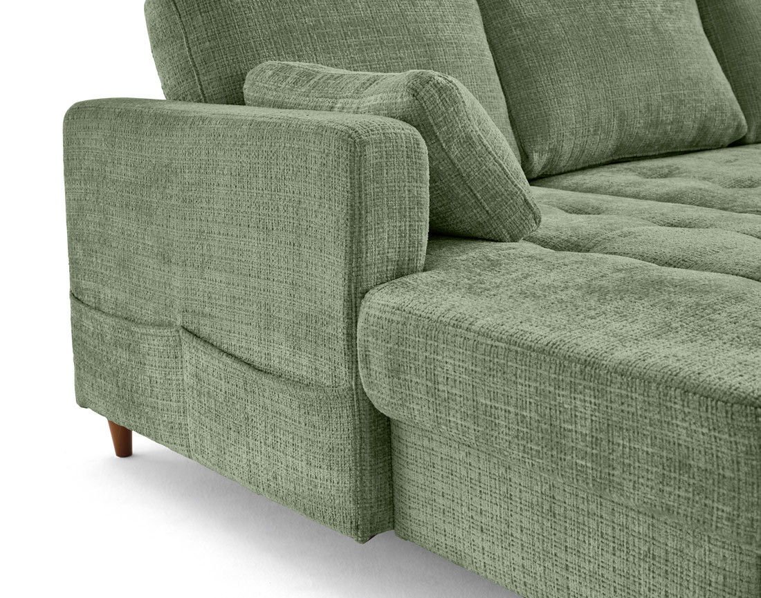 Canapé panoramique d'angle droit 7 places convertible avec coffre en velours texturé Anna