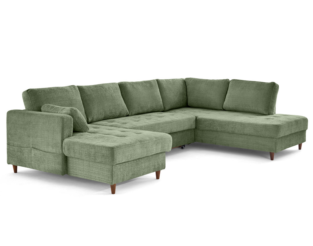 Canapé panoramique d'angle droit 7 places convertible avec coffre en velours texturé Anna