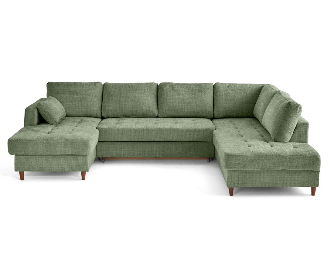 Canapé panoramique d'angle droit 7 places convertible avec coffre en velours texturé Anna