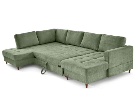 Canapé panoramique d'angle gauche 7 places convertible avec coffre en velours texturé Anna