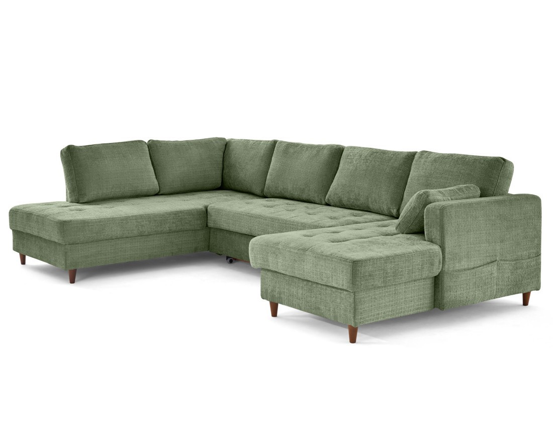 Canapé panoramique d'angle gauche 7 places convertible avec coffre en velours texturé Anna