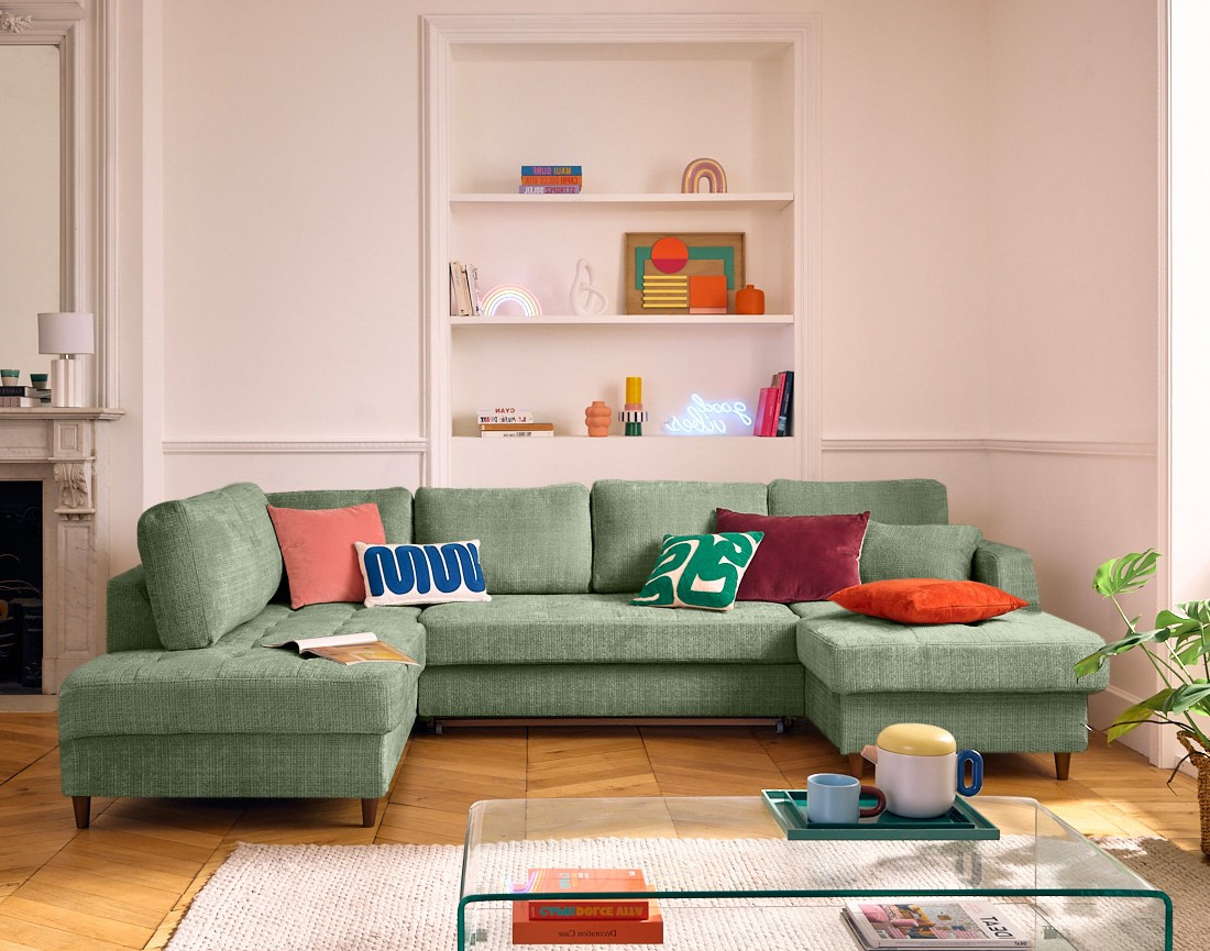 Canapé panoramique d'angle gauche 7 places convertible avec coffre en velours texturé Anna