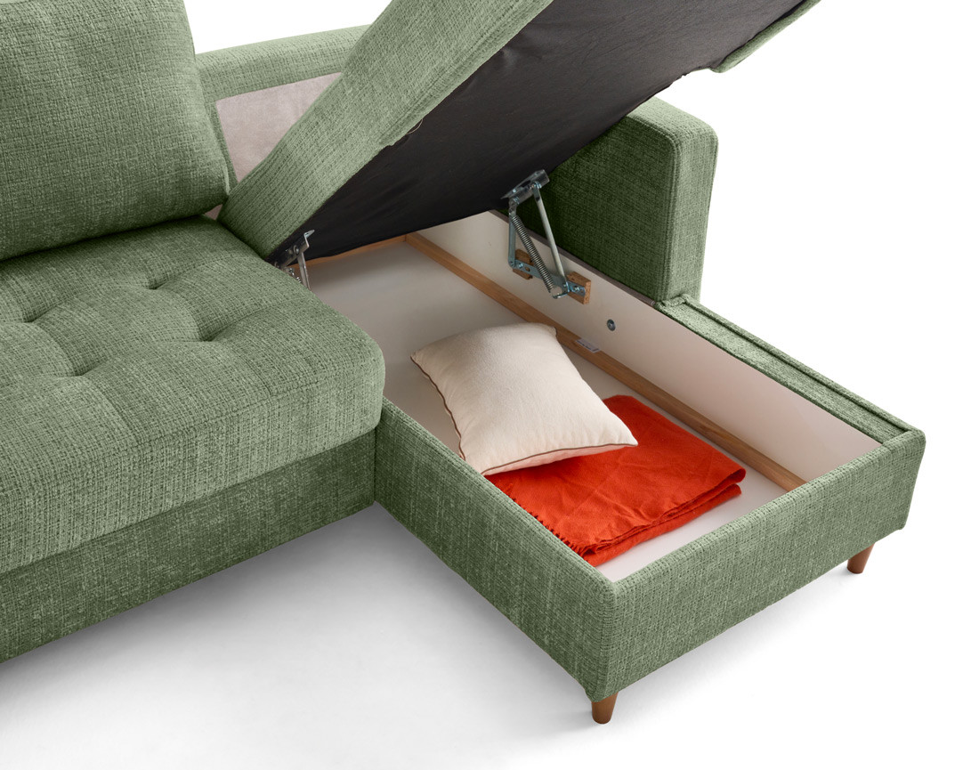 Canapé panoramique d'angle gauche 7 places convertible avec coffre en velours texturé Anna