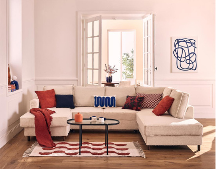 Canapé panoramique d'angle droit 7 places convertible avec coffre en fausse fourrure Jake