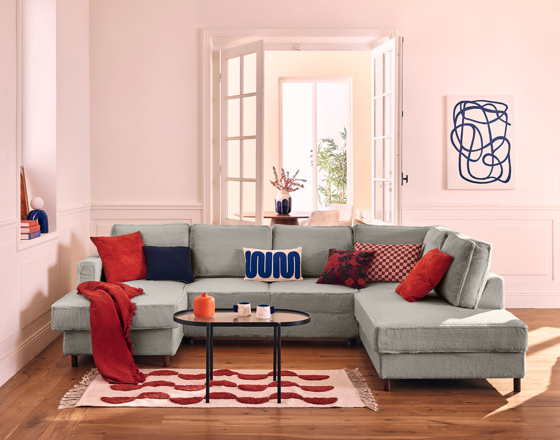 Canapé panoramique d'angle droit 7 places convertible avec coffre en fausse fourrure Jake