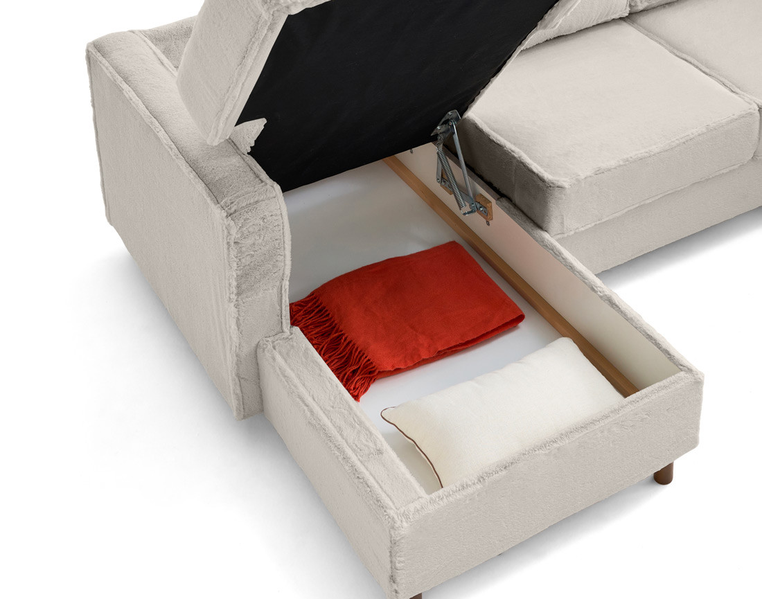 Canapé panoramique d'angle droit 7 places convertible avec coffre en fausse fourrure Jake